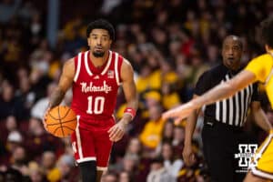 Nebraska Cornhusker guard Jamarques Lawrence (10) bring the ball down the court against the Minnesota Golden Gophers in the second half during a college men’s basketball game on Saturday, Jan. 24, 2026, in Minneapolis, Minnesota. Photo by John S. Peterson.