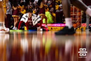 Nebraska Cornhusker forward Berke Büyüktuncel (9) stretches at halftime against the Minnesota Golden Gophers during a college men’s basketball game on Saturday, Jan. 24, 2026, in Minneapolis, Minnesota. Photo by John S. Peterson.