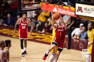 Nebraska Cornhusker guard Sam Hoiberg (1) makes a lay up against the Minnesota Golden Gophers in the first half during a college men’s basketball game on Saturday, Jan. 24, 2026, in Minneapolis, Minnesota. Photo by John S. Peterson.