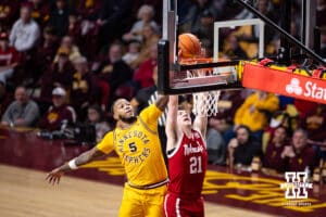 Minnesota Golden Gopher forward Jaylen Crocker-Johnson (5) blocks a lay up by Nebraska Cornhusker forward Pryce Sandfort (21) in the first half during a college men’s basketball game on Saturday, Jan. 24, 2026, in Minneapolis, Minnesota. Photo by John S. Peterson.