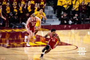 Nebraska Cornhusker guard Jamarques Lawrence (10) dribbles the ball down the court against the Minnesota Golden Gophers in the first half during a college men’s basketball game Saturday, Jan. 24, 2026, in Minneapolis, Minnesota. Photo by John S. Peterson.