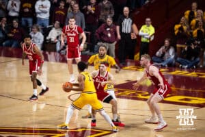 Nebraska Cornhusker guard Sam Hoiberg (1) guards Minnesota Golden Gopher guard Isaac Asuma (1) in the first half during a college men’s basketball game on Saturday, Jan. 24, 2026, in Minneapolis, Minnesota. Photo by John S. Peterson.