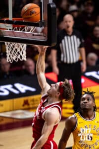 Nebraska Cornhusker guard Sam Hoiberg (1) makes a lay up against the Minnesota Golden Gophers in the first half during a college men’s basketball game on Saturday, Jan. 24, 2026, in Minneapolis, Minnesota. Photo by John S. Peterson.