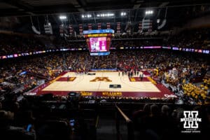 Nebraska Cornhuskers and Minnesota Golden Gophers huddle up at a time out during a college men’s basketball game on Saturday, Jan. 24, 2026, in Minneapolis, Minnesota. Photo by John S. Peterson.