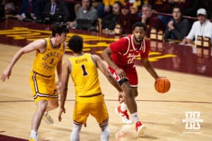 Nebraska Cornhusker forward Jared Garcia (15) dribbles the ball against Minnesota Golden Gopher forward Bobby Durkin (3) and guard Isaac Asuma (1) in the first half during a college men’s basketball game on Saturday, Jan. 24, 2026, in Minneapolis, Minnesota. Photo by John S. Peterson.