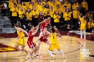 Nebraska Cornhusker guard Cale Jacobsen (31) and forward Rienk Mast (51) defend against Minnesota Golden Gopher guard Isaac Asuma (1) in the first half during a college men’s basketball game on Saturday, Jan. 24, 2026, in Minneapolis, Minnesota. Photo by John S. Peterson.