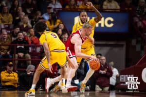 Nebraska Cornhusker forward Rienk Mast (51) drives to the basket against the Minnesota Golden Gophers in the first half during a college men’s basketball game on Saturday, Jan. 24, 2026, in Minneapolis, Minnesota. Photo by John S. Peterson.
