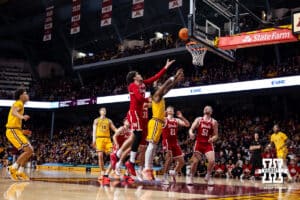 Nebraska Cornhusker forward Berke Büyüktuncel (9) reaches for a rebound against the Minnesota Golden Gophers in the first half during a college men’s basketball game on Saturday, Jan. 24, 2026, in Minneapolis, Minnesota. Photo by John S. Peterson.