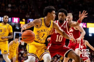 Nebraska Cornhusker guard Jamarques Lawrence (10) guards Minnesota Golden Gopher guard Isaac Asuma (1) in the first half during a college men’s basketball game on Saturday, Jan. 24, 2026, in Minneapolis, Minnesota. Photo by John S. Peterson.