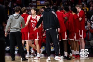 Nebraska Cornhusker forward Pryce Sandfort (21) introduced before taking on the Minnesota Golden Gophers during a college men’s basketball game on Saturday, Jan. 24, 2026, in Minneapolis, Minnesota. Photo by John S. Peterson.