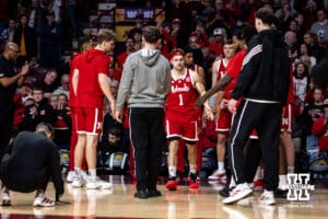 Nebraska Cornhusker guard Sam Hoiberg (1) introduced before taking on the Minnesota Golden Gophers during a college men’s basketball game on Saturday, Jan. 24, 2026, in Minneapolis, Minnesota. Photo by John S. Peterson.