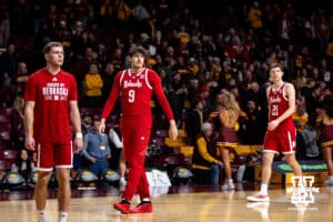 Nebraska Cornhuskers warming up as the fans arrive during a college men’s basketball game Minnesota Golden Gophers on Saturday, Jan. 24, 2026, in Minneapolis, Minnesota. Photo by John S. Peterson.