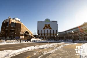 Across the street from Williams Arena is Huntington Bank Stadium, where the Nebraska Cornhuskers played the Minnesota Golden Gophers in football. The Nebraska Cornhuskers are taking on the Minnesota Golden Gophers in a college men’s basketball game on Saturday, Jan. 24, 2026, in Minneapolis, Minnesota. Photo by John S. Peterson.