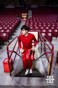Nebraska Cornhusker forward Berke Büyüktuncel (9) walks up the stairs from the locker room below before taking on the Minnesota Golden Gophers during a college men’s basketball game on Saturday, Jan. 24, 2026, in Minneapolis, Minnesota. Photo by John S. Peterson.