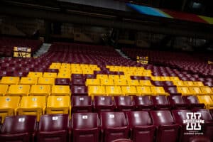 Minnesota's M in yellow at Williams Arena before the fans arrive for the game against the Nebraska Cornhuskers during a college men’s basketball game on Saturday, Jan. 24, 2026, in Minneapolis, Minnesota. Photo by John S. Peterson.