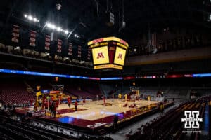 Nebraska Cornhuskers and Minnesota Golden Gophers warming up before a college men’s basketball game on Saturday, Jan. 24, 2026, in Minneapolis, Minnesota. Photo by John S. Peterson.