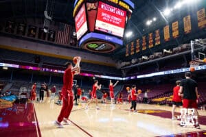 Nebraska Cornhusker guard Cale Jacobsen (31) warms up with a three from the corner before taking on the Minnesota Golden Gophers during a college men’s basketball game on Saturday, Jan. 24, 2026, in Minneapolis, Minnesota. Photo by John S. Peterson.