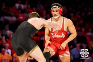 At 285, Nebraska Cornhusker AJ Ferrari sizes up Iowa Hawkeye Ben Kueter during a college wrestling dual on Friday, Jan. 23, 2026, Lincoln, Nebraska. Photo by Braden Cochran.