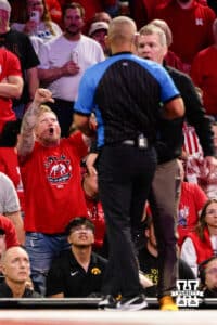 Nebraska Cornhusker fan reacts to the Iowa Hawkeye head coach Tom Brands interrupting the bout by walking onto the mat during a college wrestling dual at Nebraska on Friday, Jan. 23rd, 2026, Lincoln, Nebraska. Photo by Braden Cochran.