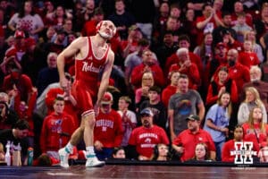 At 141, Nebraska Conrhusker Brock Hardy makes his way to the mat to take on Iowa Hawkeye Nasir Bailey during a college wrestling dual on Friday, Jan. 23, 2026, Lincoln, Nebraska. Photo by Braden Cochran.