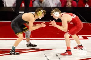 At 133, Nebraska Cornhusker Jacob Van Dee takes on Iowa Hawkeye Drake Ayala during a college wrestling dual Friday, Jan. 23, 2026, Lincoln, Nebraska. Photo by Braden Cochran.