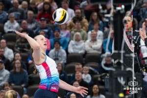 Omaha Supernovas Elise Goetzinger (23) goes up for kill during a major league volleyball match against the Columbus Fury on Jan 22, 2026, in Omaha, Nebraska. Photo by Brandon Tiedemann