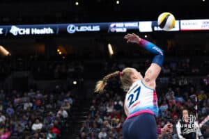 Omaha Supernovas Emily Londot (27) spikes the ball during a major league volleyball match against the Columbus Fury on Jan 22, 2026, in Omaha, Nebraska. Photo by Brandon Tiedemann