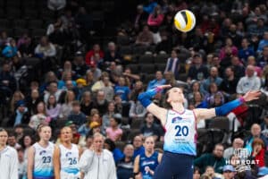 Omaha Supernovas Allison Holder (20) serves during a major league volleyball match against the Columbus Fury on Jan 22, 2026, in Omaha, Nebraska. Photo by Brandon Tiedemann