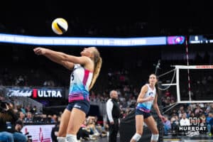Omaha Supernovas Brooke Nuneviller (5) bumps the ball during a major league volleyball match against the Columbus Fury on Jan 22, 2026, in Omaha, Nebraska. Photo by Brandon Tiedemann