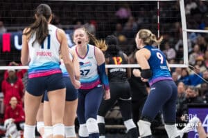 Omaha Supernovas Emily Londot (27) celebrates a kill during a major league volleyball match against the Columbus Fury on Jan 22, 2026, in Omaha, Nebraska. Photo by Brandon Tiedemann