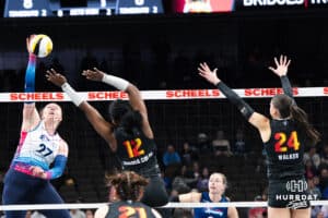 Omaha Supernovas Emily Londot (27) tips the ball during a major league volleyball match against the Columbus Fury on Jan 22, 2026, in Omaha, Nebraska. Photo by Brandon Tiedemann