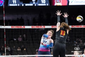 Omaha Supernovas Emily Londot (27) hits the ball during a major league volleyball match against the Columbus Fury on Jan 22, 2026, in Omaha, Nebraska. Photo by Brandon Tiedemann