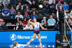 Omaha Supernovas Brooke Nuneviller (5) goes up for the kill during a major league volleyball match against the Columbus Fury on Jan 22, 2026, in Omaha, Nebraska. Photo by Brandon Tiedemann