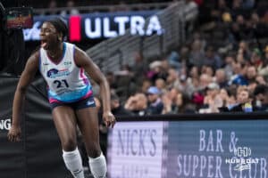 Omaha Supernovas Toyosi Onabanjo (21) celerbates during a major league volleyball match against the Columbus Fury on Jan 22, 2026, in Omaha, Nebraska. Photo by Brandon Tiedemann