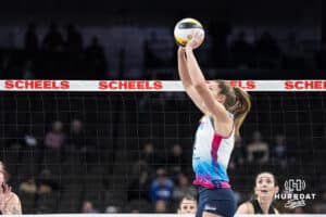 Omaha Supernovas Sydney Hilley (2) sets the ball during a major league volleyball match against the Columbus Fury on Jan 22, 2026, in Omaha, Nebraska. Photo by Brandon Tiedemann