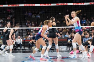 Omaha Supernovas Brooke Nuneviller (5) celebrates a kill during a major league volleyball match against the Columbus Fury on Jan 22, 2026, in Omaha, Nebraska. Photo by Brandon Tiedemann