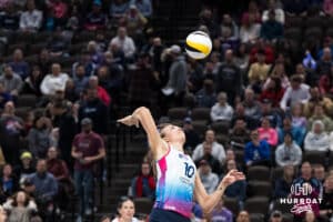 Omaha Supernovas Kiara Reinhardt (10) goes up for the kill during a major league volleyball match against the Columbus Fury on Jan 22, 2026, in Omaha, Nebraska. Photo by Brandon Tiedemann