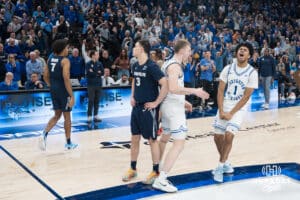 Creighton Bluejays Austin Swartz (1) and Josh Dix (4) celebrate their win during a college basketball game against Xavier on Jan 21, 2026, in Omaha, Nebraska. Photo by Brandon Tiedemann