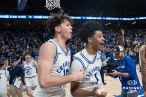 Creighton Bluejay Austin Swartz (1) celebrates his game winner during a college basketball game against Xavier on Jan 21, 2026, in Omaha, Nebraska. Photo by Brandon Tiedemann