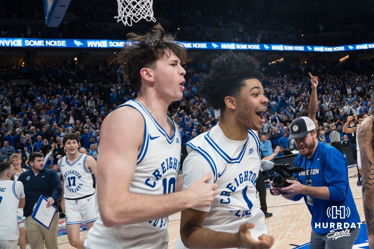 Creighton Bluejay Austin Swartz (1) celebrates his game winner during a college basketball game against Xavier on Jan 21, 2026, in Omaha, Nebraska. Photo by Brandon Tiedemann