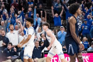 Creighton Bluejay Austin Swartz (1) celebrates his game winner during a college basketball game against Xavier on Jan 21, 2026, in Omaha, Nebraska. Photo by Brandon Tiedemann