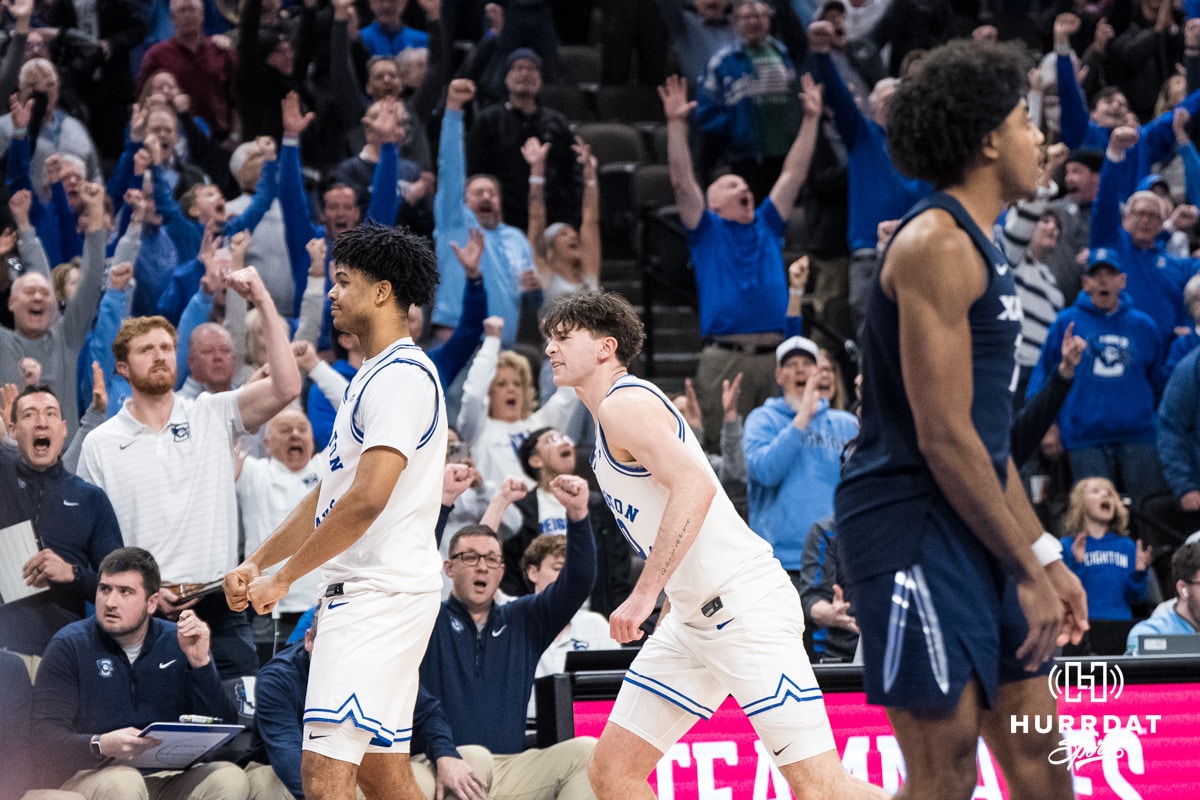 Creighton Bluejay Austin Swartz (1) celebrates his game winner during a college basketball game against Xavier on Jan 21, 2026, in Omaha, Nebraska. Photo by Brandon Tiedemann