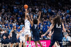 Creighton Bluejay Austin Swartz (1) shoots his game winning shot during a college basketball game against Xavier on Jan 21, 2026, in Omaha, Nebraska. Photo by Brandon Tiedemann