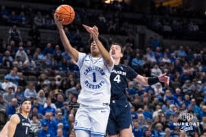 Creighton Bluejay Austin Swartz (1) draws a foul during a college basketball game against Xavier on Jan 21, 2026, in Omaha, Nebraska. Photo by Brandon Tiedemann