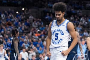 Creighton Bluejay Nik Graves (5) celebrates an and-one during a college basketball game against Xavier on Jan 21, 2026, in Omaha, Nebraska. Photo by Brandon Tiedemann