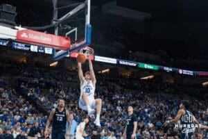 Creighton Bluejay Hudson Greer (10) dunks during a college basketball game against Xavier on Jan 21, 2026, in Omaha, Nebraska. Photo by Brandon Tiedemann