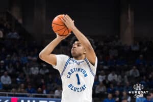 Creighton Bluejay Austin Swartz (1) shoots a three during a college basketball game against Xavier on Jan 21, 2026, in Omaha, Nebraska. Photo by Brandon Tiedemann