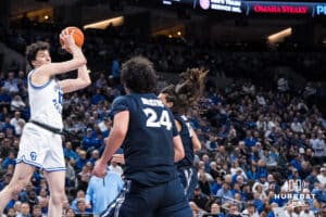 Creighton Bluejay Kerem Konan (17) looks to pass during a college basketball game against Xavier on Jan 21, 2026, in Omaha, Nebraska. Photo by Brandon Tiedemann