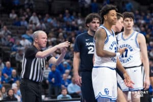 Creighton Bluejay Blake Harper (2) gets called for a technical during a college basketball game against Xavier on Jan 21, 2026, in Omaha, Nebraska. Photo by Brandon Tiedemann