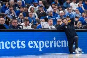Xavier head coach Richard Pitino covers his ears during a college basketball game against the Creighton Bluejays on Jan 21, 2026, in Omaha, Nebraska. Photo by Brandon Tiedemann